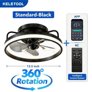Modern Smart LED Ceiling Fan 13.5 Low Profile Ceiling Fans 3000-6500K Dimmable Fandelier Fan With Lights Black Modern Flush Mount Fans 360° Rotation For Bedroom Kids Room