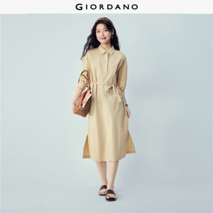 Giordano Women Dress Mid-Sleeve 100% Cotton Woven Tie Lapel Maxi Non-Stretch Free Shipping 05466349