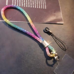 Trendy Glitter Rhinestone Phone Lanyard with Transparent Card Bright Bling Phone Wrist Straps Glitter Phone Wrist Lanyard Pendant Flash Anti-lost Wrist Rope Phone Accessories