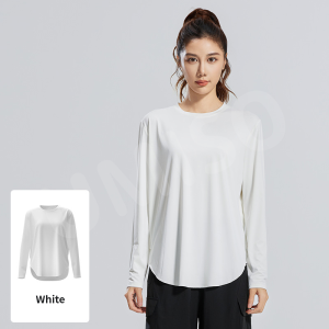 UMISO Women Ice Silk Yoga Shirt Loose Breathable Running Workout Fitness Round Neck Long Sleeve Sports Top