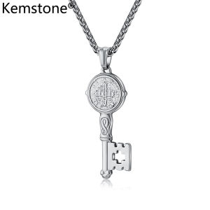 Kemstone Stainless Steel Mens Key Necklace Black Silver Gold Plated Saint Benedict Pendant Necklaces Jewelry