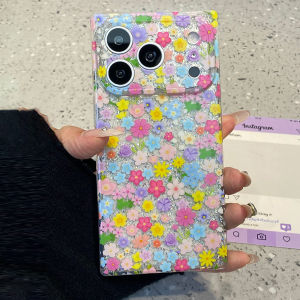 Ins Rectangle Glitter Colorful Floral Print IMD Cover For iPhone 17 16 15 Pro Max Painting Flower Art Creative Shockproof Cover