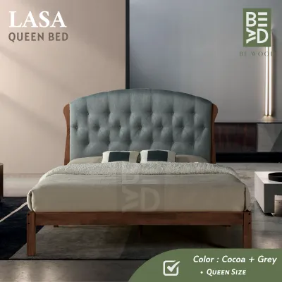 LASA Queen Size Bed Solid Wooden Fabric Queen Bed Frame Queen Size Bed Frame Katil Kayu Queen (BE WOOD)