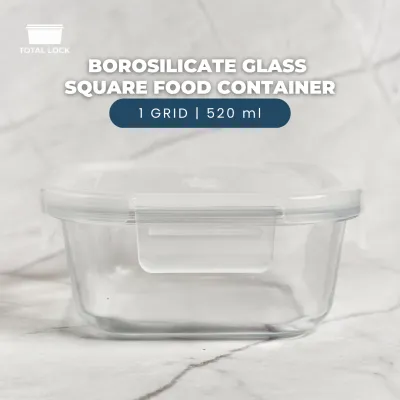 Total Lock Borosilicate Glass Container 1-Grid Square 520ml | Leakproof Airtight Odorless