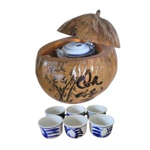Bộ bình ủ trà trái dừa khắc chữ "Cha mẹ" / Bình trà 04 - 09 lít / Giữ ấm 3 - 6 giờ / Sản phẩm sản xuất thủ công trứ danh xứ dừa Bến Tre