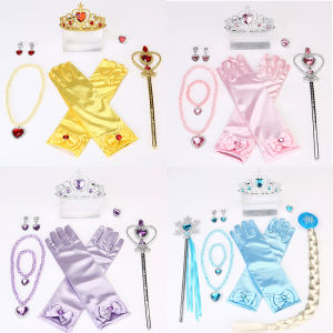 Crown Tiara Childrens Girl Magic Wand Hair Accessories Set Princess Elsa Performance Crown Necklace Elsa Gloves