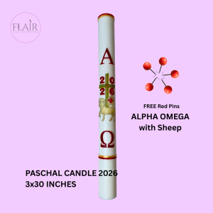 Flair Paschal Candle 2026 Alpha Omega | 3 x 30 Inches | Church Altar Candle | Smokeless and Dripless | Unscented | Made to Order