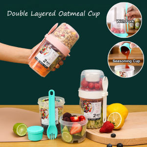 Oatmeal Cup with Spoon | Breakfast Cereal Oats Cup | Portable Airtight Oatmeal Container | 2 Layer Salad Cup
