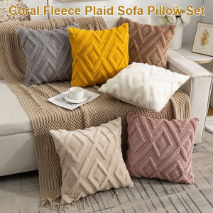 Coral Fleece Plaid Sofa Pillow Set Soft Faux Fur Throw Pillows Case Machine Washable Bedding