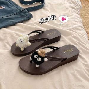 [Free Shipping] New Thick-Soled Black Cat Flip-Flops Featuring A Wedge Heel For Added Height Non-Slip Soles And A Cute Cartoon Design Making Them Versatile Beach Sandals