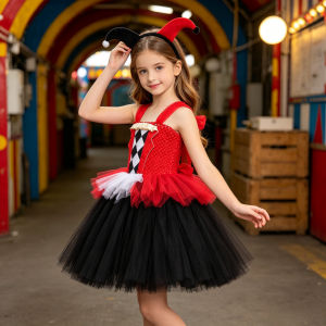 11.11 Halloween Masquerade Party School Stage Performance Role Play Black and White Plaid Circus Clown Tulle Dress With Headband Wear h2610
