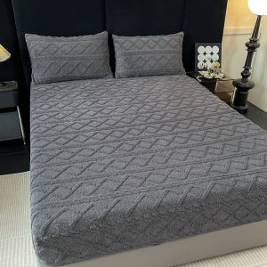 【Super low price】2025 new solid color Tafu fleece engraved fitted sheet fleece warm and non-slip mattress protective cover three-piece set