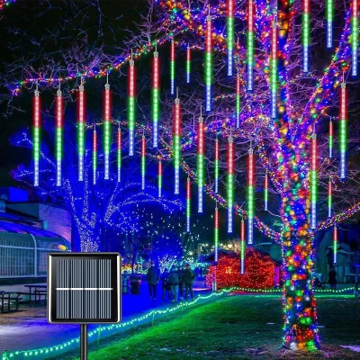 Outdoor Hanging Solar Led Meteor Shower Rain Lights Waterfall Led Solar Light Waterproof Falling Rain Lights Christmas Holiday Tree Home Party.