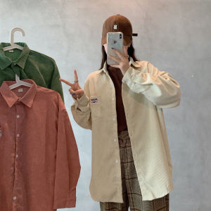 kemeja korduroi gaya korea atasan lengan panjang wanita longgar polos saku tunggal