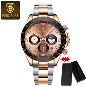 【With Watch Box】POEDAGAR Luxury Man Wristwatch Luminous Waterproof Calendar Chronograph Auto Date Men Watch Stainless Steel Strap Mens Quartz Watches 629G