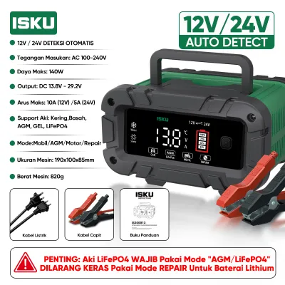ISKU Charger Aki Otomatis 12V 24V 10A Casan Baterai Mobil Motor Truk Alat Cas Servis Aki Soak Pulse Repair Layar LCD Digital Pengecas Kendaraan Kering Basah AGM GEL LiFePO4 Auto Detect Anti Konslet Pintar Cepat Awet