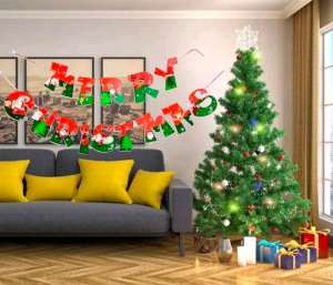 Christmas Party Merry Theme Banner Background Cloth Star Multicolor Decorations with Gold Letters and Green Trees