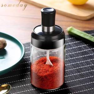 freemarketshop Condiment Glass with Spoon Transparent Kitchen Gadget Seasoning Bottle Spice Container Airtight Jar Seasoning Organizer