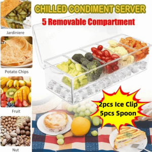 GAOSU Removable Chilled Condiment Server Tray Clear Dispenser Organizer Garnish Tray with Lids Practical Plastic 5 Compartment Serving Bowl Home