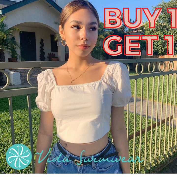 BUY 1 TAKE 1 Puff Sleeve Square Neck Crop Top | Lazada PH