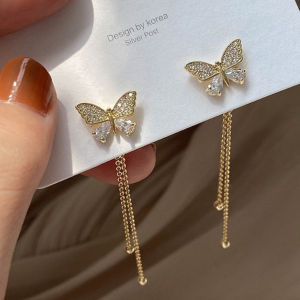 Korean Style Butterfly Tassel Rhinestone Drop Earrings Gold Stud Earrings for Women Jewellery Gift