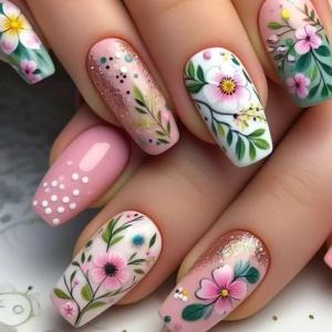 24 miếng chiều dài trung bình Acrylic nhấn trên móng tay dễ thương hoa mùa xuân móng tay giả bóng bọc hoàn toàn dính trên móng tay để làm móng