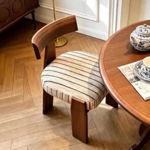 Sacesr Antique Chairs T-shaped Back Vintage Striped Fabric Cushion Wooden Frame Dining Chairs French Mid‑Century Dining Room Furniture T2Y7B