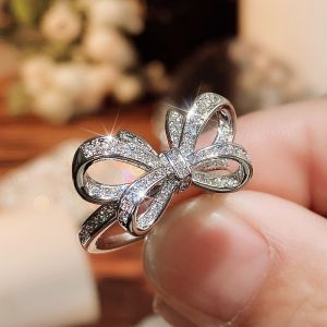 Fashion Silver Color Bowknot Rings for Women Fashion White Zircon Stones Ring Anniversary Bridal Wedding Jewelry Gift h260529