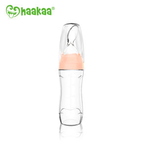 Bình thìa ăn dặm 120ml Haakaa. Chất liệu silicone cao cấp an toàn. Không chứa BPA PVC và phthalate. Màu hồng và xám Thìa ăn dặm cho bé