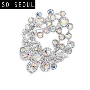 SO SEOUL Leilani Flower Bouquet Aurore Boreale Austrian Crystal Rollover Clasp Brooch