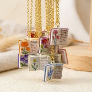 NEXTYOO Flowers Book Pendant Necklace Month Copper Birthday Necklace Vintage Retro Style Design Sense Necklace Gifts