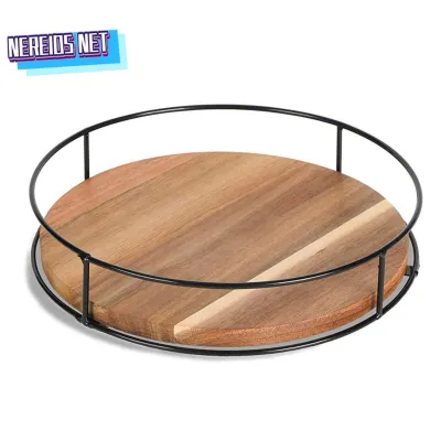 Skyloong Wooden Turntable Organizer Turntable Organizer 9-inch 360° Rotating Wooden Turntable with Steel Sides – Kitchen Pantry Organizer for Cabinet Countertop Refrigerator Dining Table Storage