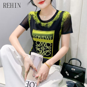 Rehin mùa hè Hàng Mới Về cổ tròn đàn hồi cao lưới T-shirt với thời trang in tay ngắn phong cách áo sơ mi bó sát đơn giản thanh lịch hàng đầu của phụ nữ