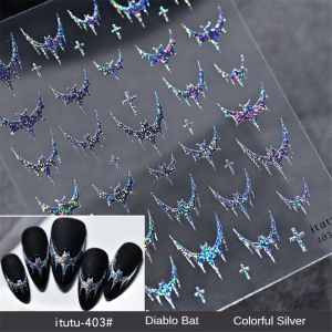 FenHuan Nail Stickers ฮาโลวีนฝรั่งเศสมืดสไตล์โกธิคสีแดงทองเลเซอร์สดใสเงินสีดำฝรั่งเศสค้างคาวเครื่องเทศสาวข้ามเล็บสติ๊กเกอร์ Halloween