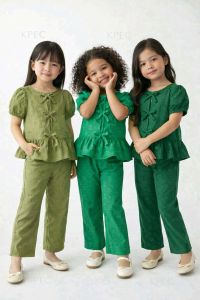 AA Elegant Green Cotton Peplum Blouse with Ruffle Collar and Short Sleeves for Women