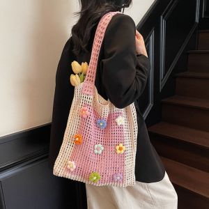 YOCKY Tote Bag Flower Thread Woven Bag Beach Handbag Hollow Out Beach Bag Casual Bohemian Style Hollow Shoulder Bag Girls