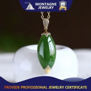 Montagne Jewelry 18k Pure Gold Pendant Diamond Inset Fine Jewellery Natural 30x12mm Green Jade Pendant Necklace
