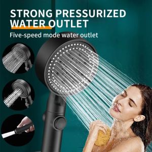 Shower Head Water Saving Black 5 Mode Adjustable High Pressure Shower One-key Stop Water Shower Bathroom Accessories | Hand Shower Kamar Mandi | Kepala 5 Mode Hitam Silver Bracket Selang Keran Shower Head