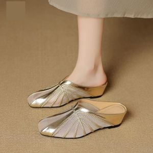 [Free Shipping] Mesh Hollow-Out Patchwork Closed-Toe Slippers For Women 2026 Summer Half-Slippers For Outdoor Wear WomenS Square-Toe Wedge Heel Half-Covered Sandals