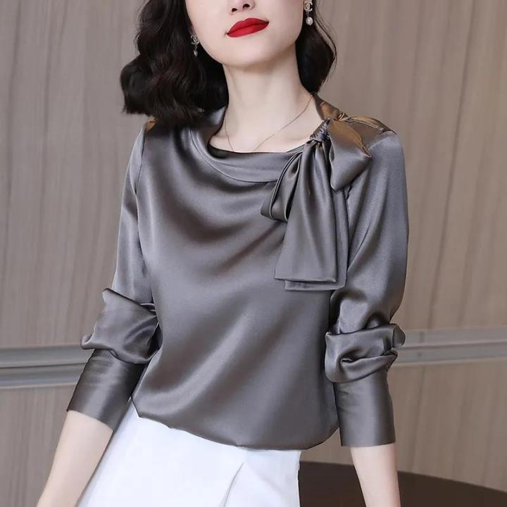 New Autumn All-match Lacing Solid Color Satin O-neck Long Sleeve