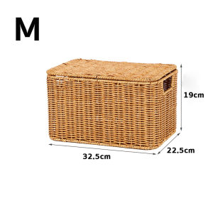 ตะกร้าหวายสาน พร้อมฝาปิดตะกร้าหวายเทียมทอมือกล่องเก็บของออกแบบด้ามจับแบบสานเรียบง่ายเลือกหลายขนาดสําหรับเก็บของเล่นขนมขบ