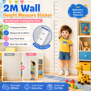 Cartoon Wall Sticker Height Chart 2M Transparent Height Measurement Sticker Removable Kids Room Growth Chart Decal Baby Nursery Decor Cute Animal Design