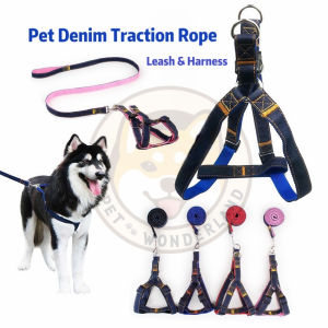 Pet Wonderland Dog Huskies Denim Traction Rope Durable Harness Leash Set Adjustable Belt For Small Medium Large Pets