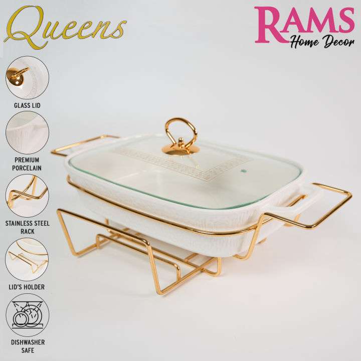 Queens 2L Premium Porcelain Embossed Chafing Dish with Metal Rack and