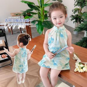 2024 Thin Childrens Sito Qipao New Chinese Hanging Neck Horse Face Dress Fashionable Princess