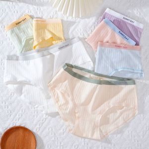 OTYRF 4Pcs Cotton Crotch Simple Briefs Letter Mid Waist Stripe Underpants Breathable Panties Underwear for Women Girl