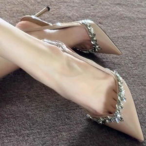 [Free Shipping] Pointed-Toe Rhinestone High-Heeled Dress Shoes Autumn New Collection Patent Leather V-Cut Stiletto Sandals 2026 New Style Comfortable To Wear