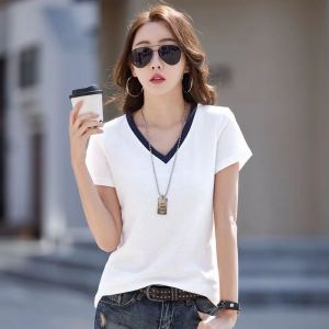 IMF Korean Short Sleeved T-shirt Womens Contrast V-neck Cotton Loose T-shirt