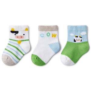 [New Arrivals] Beibi Cotton Breathable Socks Cute Cow Farm Animals (3Pairs/Box) for Baby Toddlers 贝比童袜纯棉透气可爱宝宝婴儿童袜子