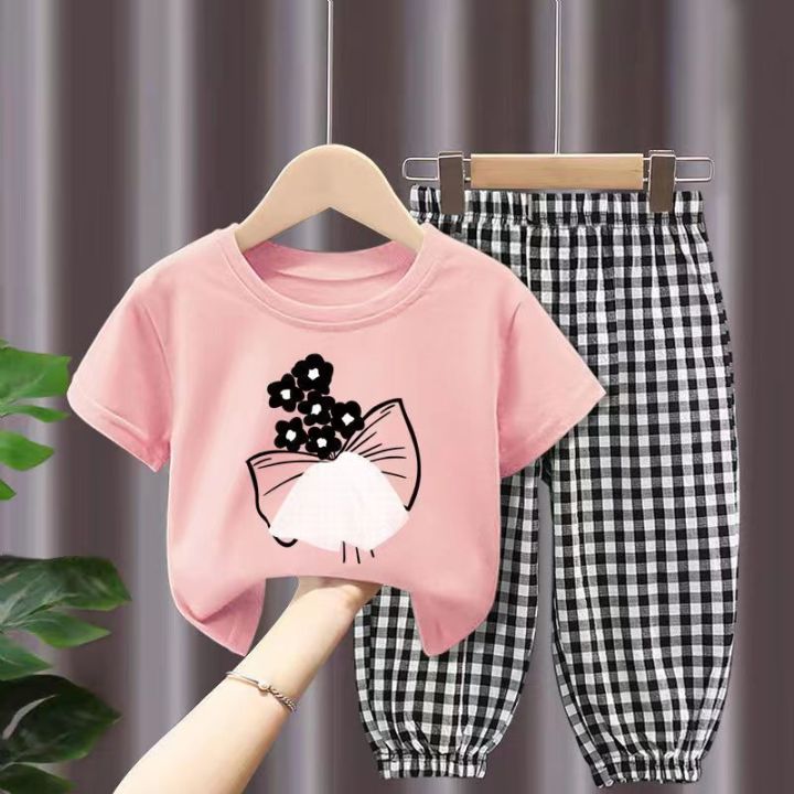 New Summer 2023 Girls Clothing Sets Outfits Kids Short Sleeve T-shirt +  Long Pants 2PCS